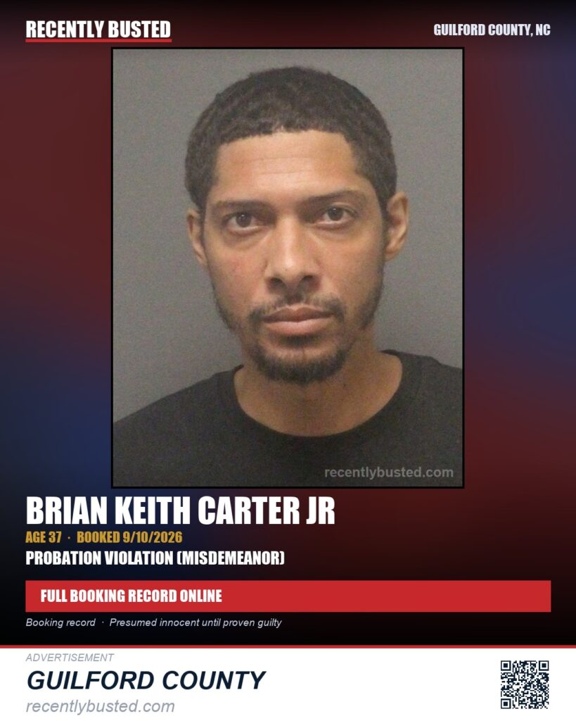 BRIAN KEITH CARTER JR — arrest record card, Guilford County, North Carolina