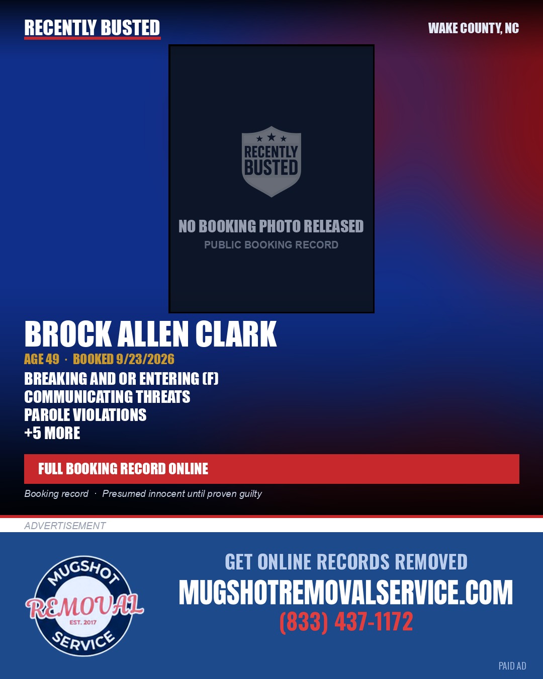 BROCK ALLEN CLARK — arrest record card, Wake County, North Carolina
