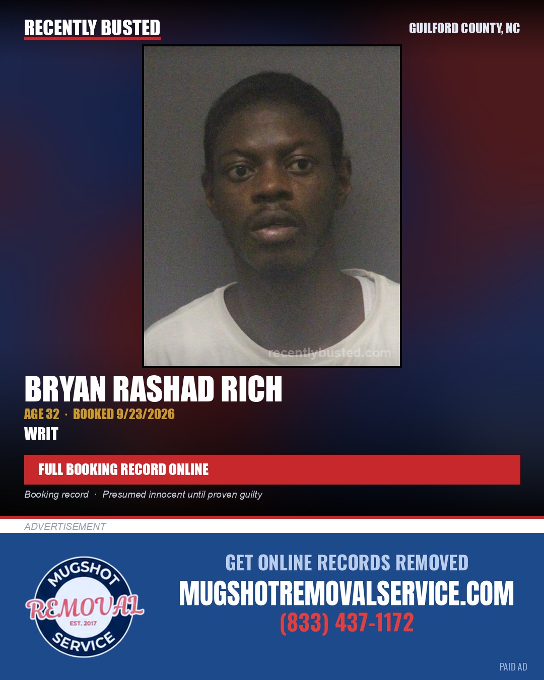 BRYAN RASHAD RICH — arrest record card, Guilford County, North Carolina