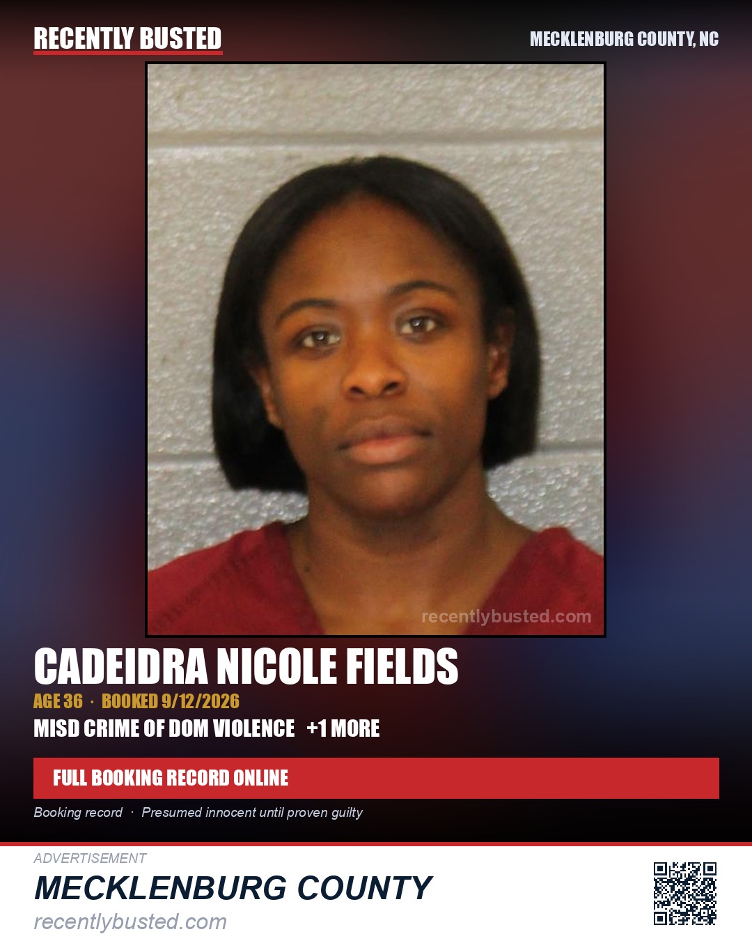CADEIDRA NICOLE FIELDS — arrest record card, Mecklenburg County, North Carolina