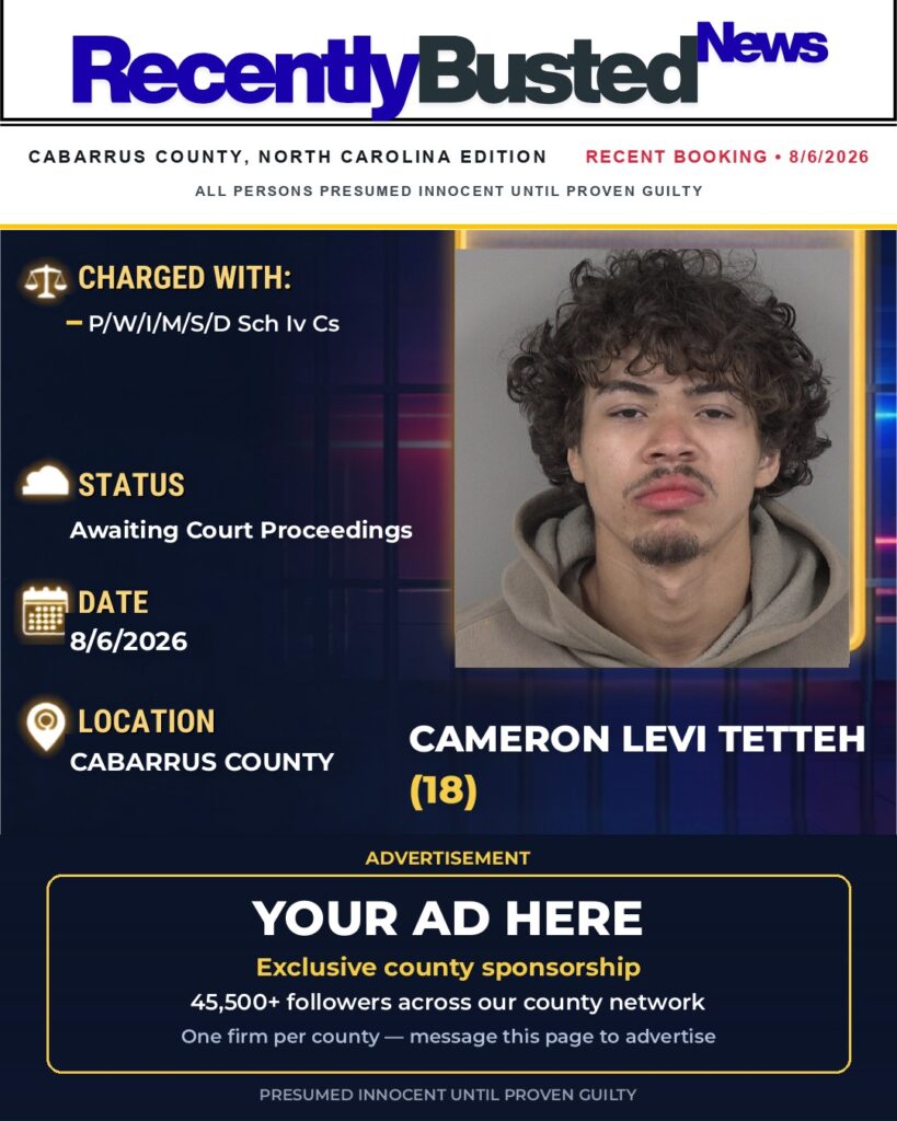 CAMERON LEVI TETTEH — arrest record card, Cabarrus County