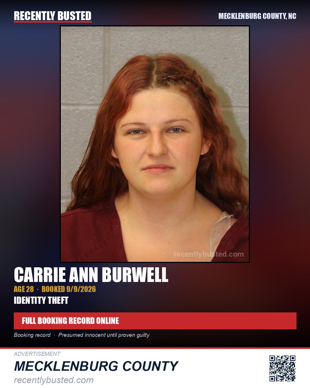 CARRIE ANN BURWELL — arrest record card, Mecklenburg County, North Carolina