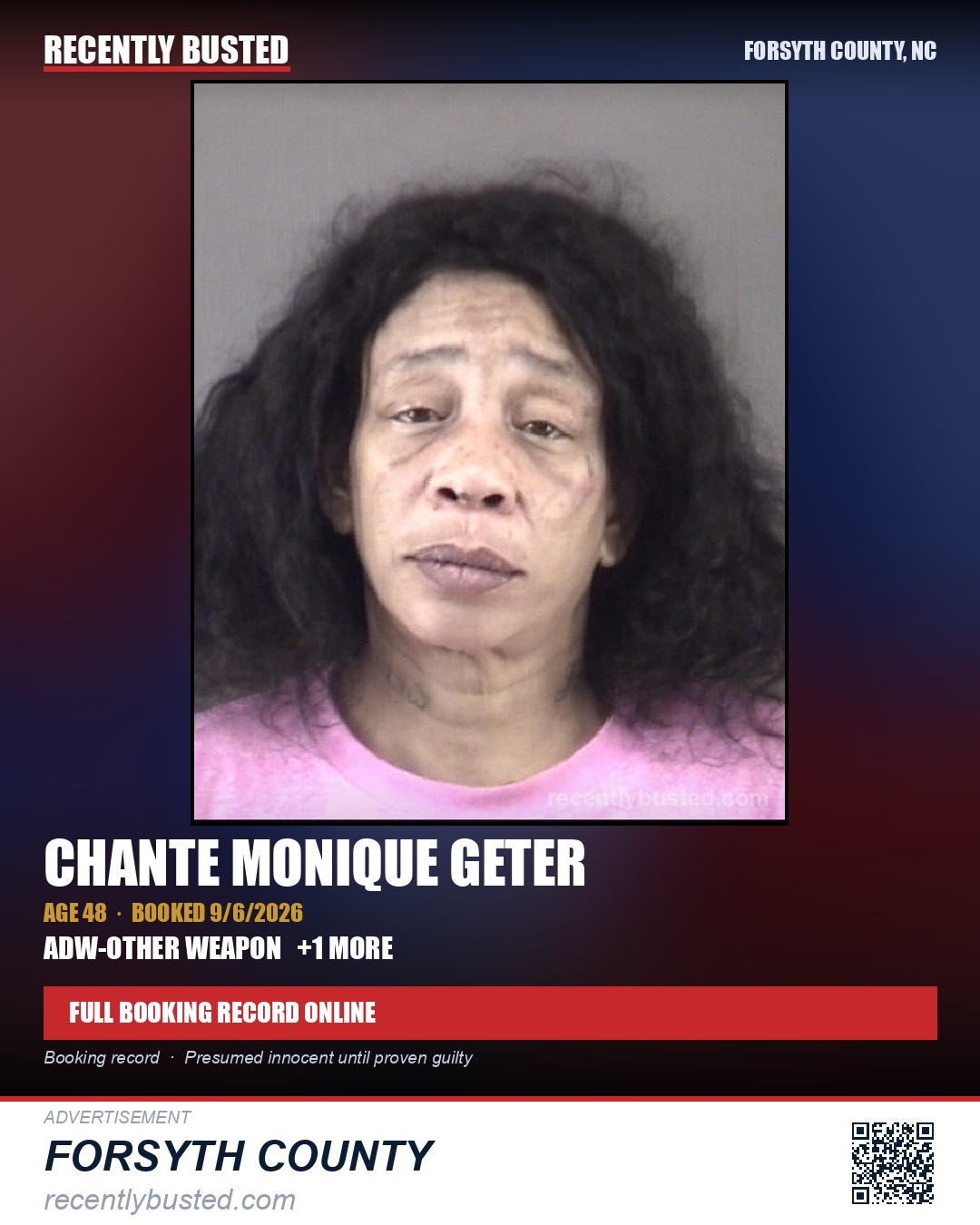 CHANTE MONIQUE GETER — arrest record card, Forsyth County, North Carolina