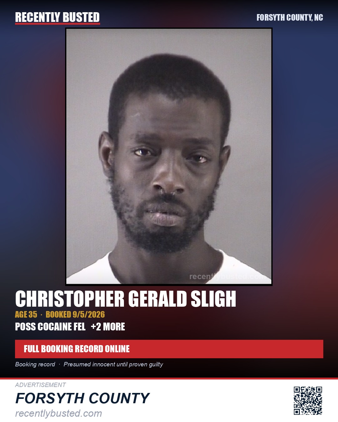 CHRISTOPHER GERALD SLIGH — arrest record card, Forsyth County, North Carolina