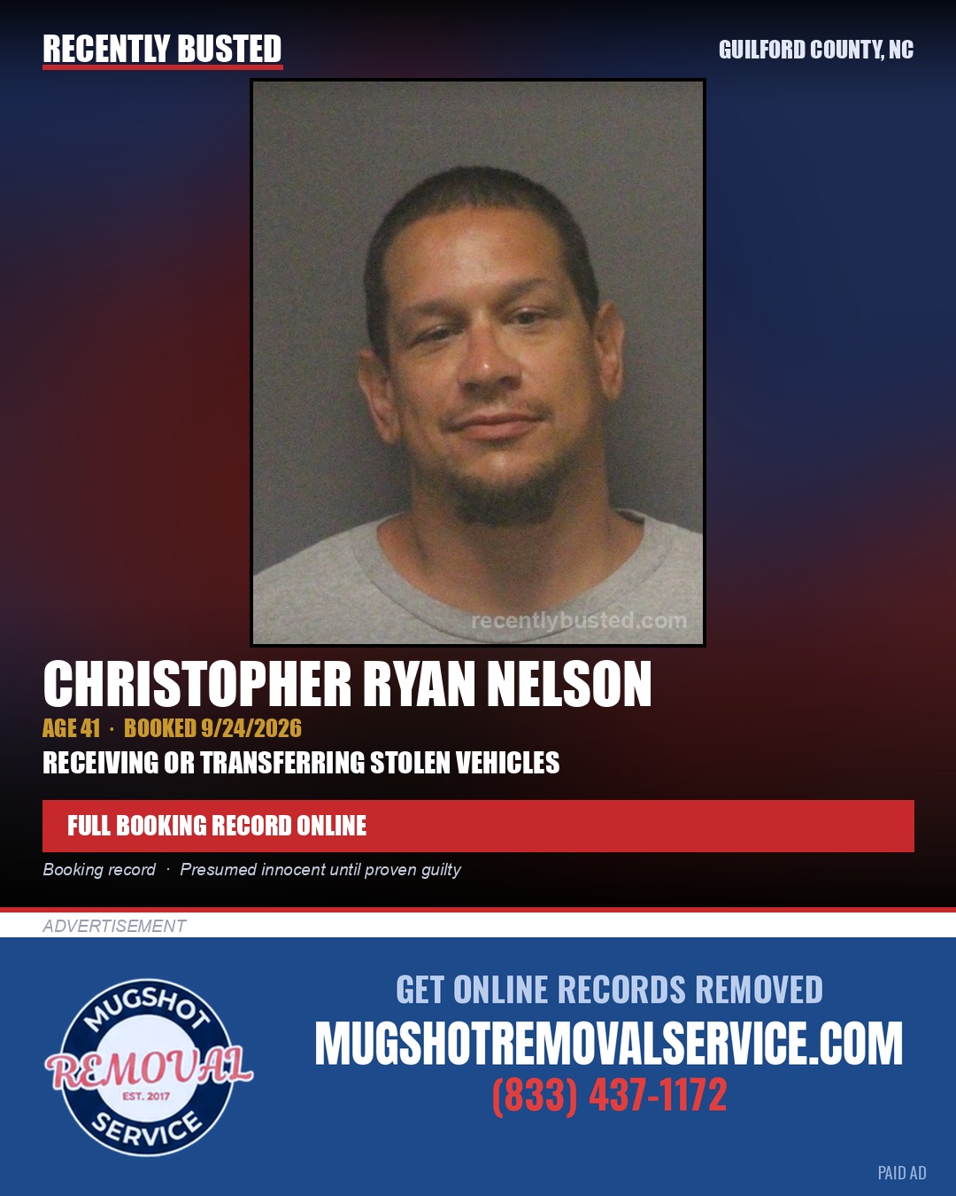 CHRISTOPHER RYAN NELSON — arrest record card, Guilford County, North Carolina