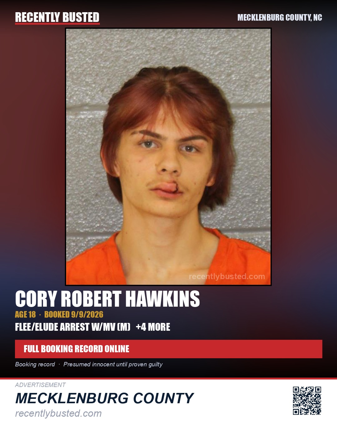 CORY ROBERT HAWKINS — arrest record card, Mecklenburg County, North Carolina
