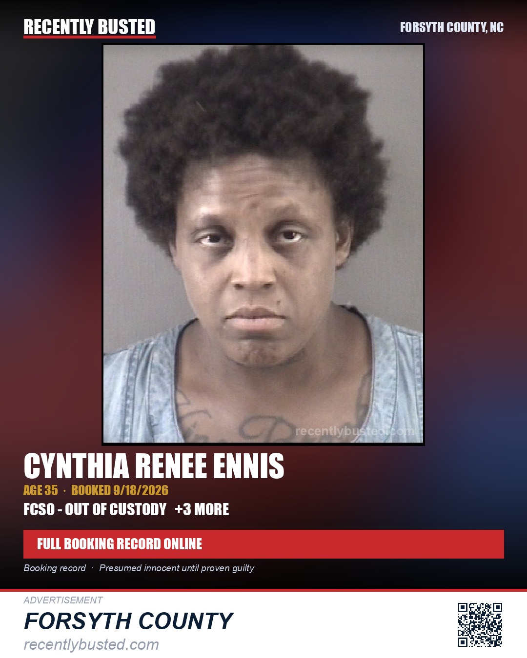 CYNTHIA RENEE ENNIS — arrest record card, Forsyth County, North Carolina