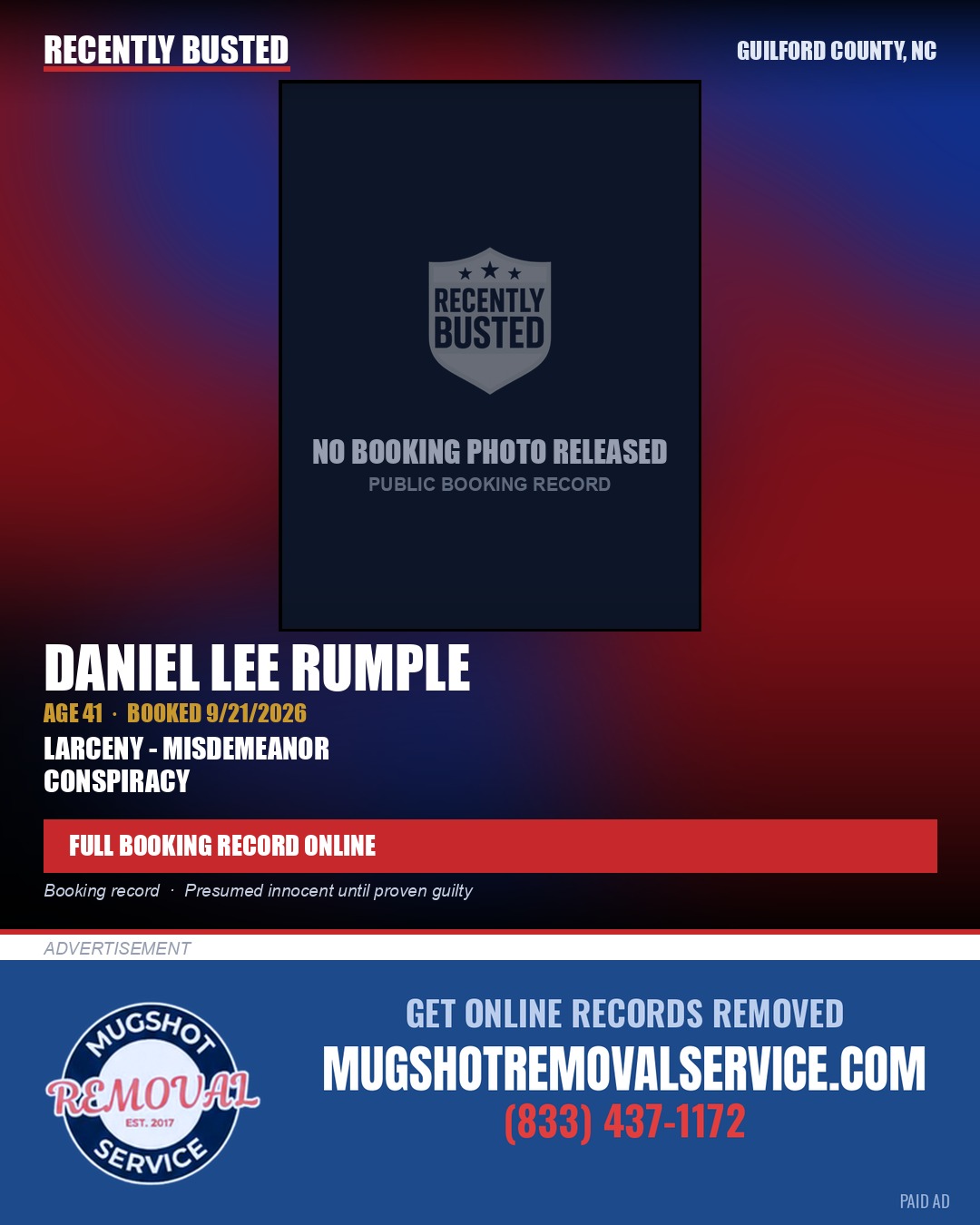 DANIEL LEE RUMPLE — arrest record card, Guilford County, North Carolina