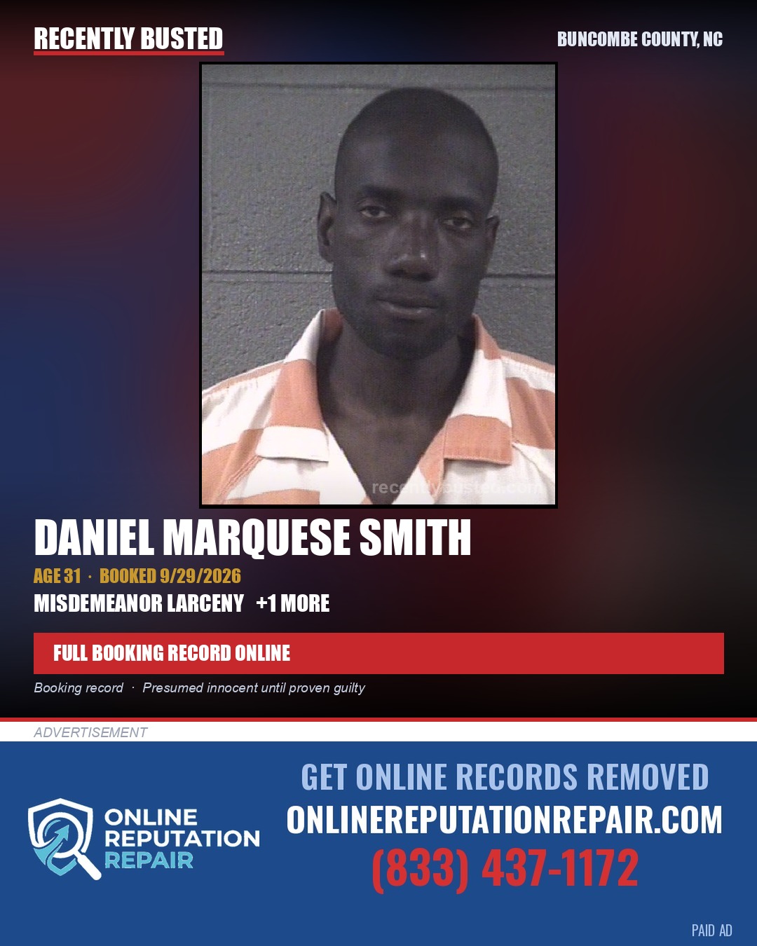 DANIEL MARQUESE SMITH — arrest record card, Buncombe County, North Carolina