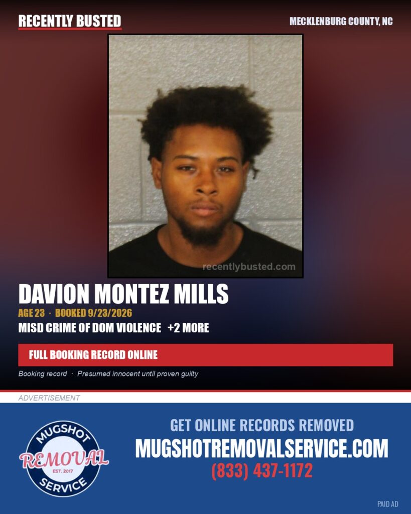 DAVION MONTEZ MILLS — arrest record card, Mecklenburg County, North Carolina