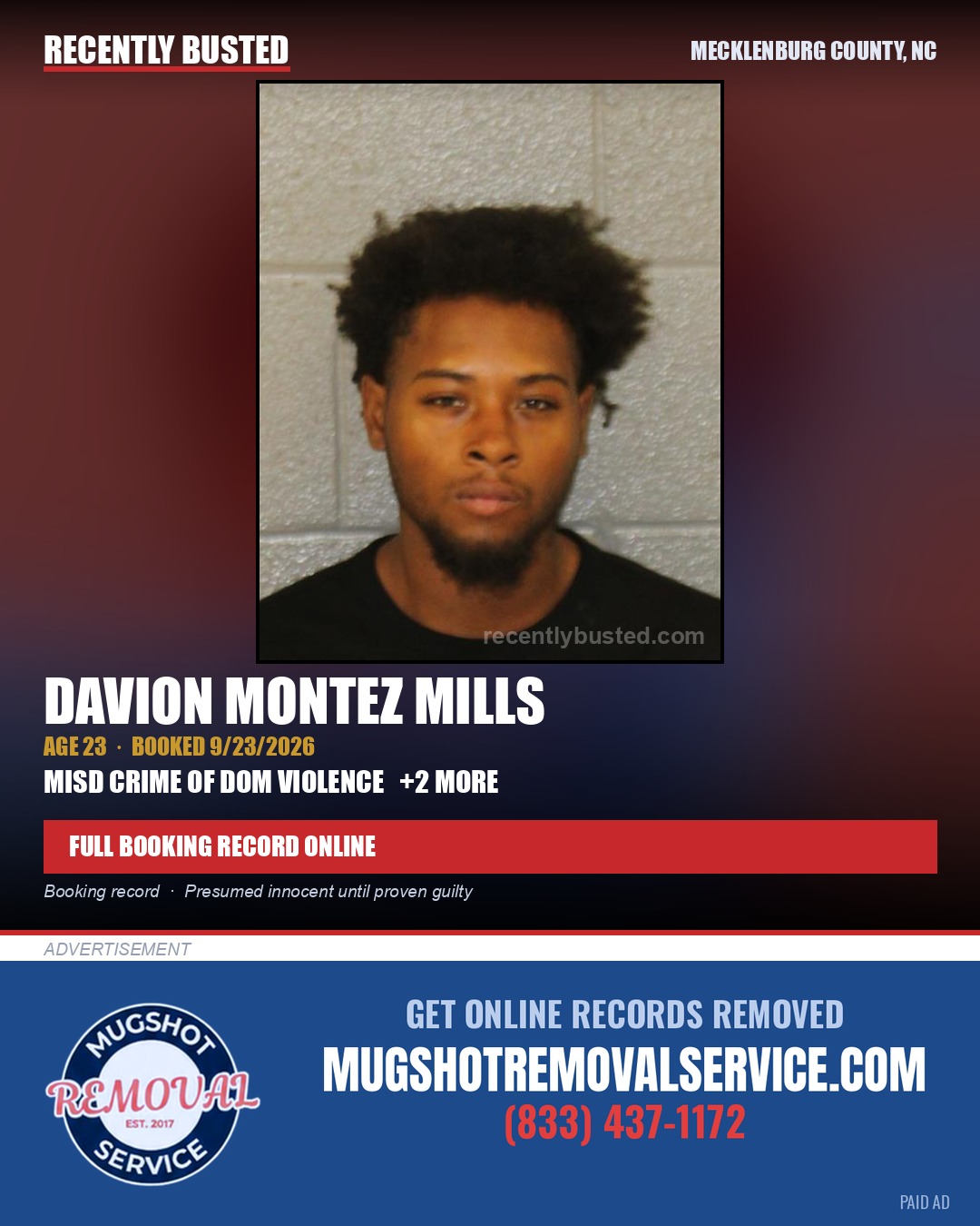 DAVION MONTEZ MILLS — arrest record card, Mecklenburg County, North Carolina