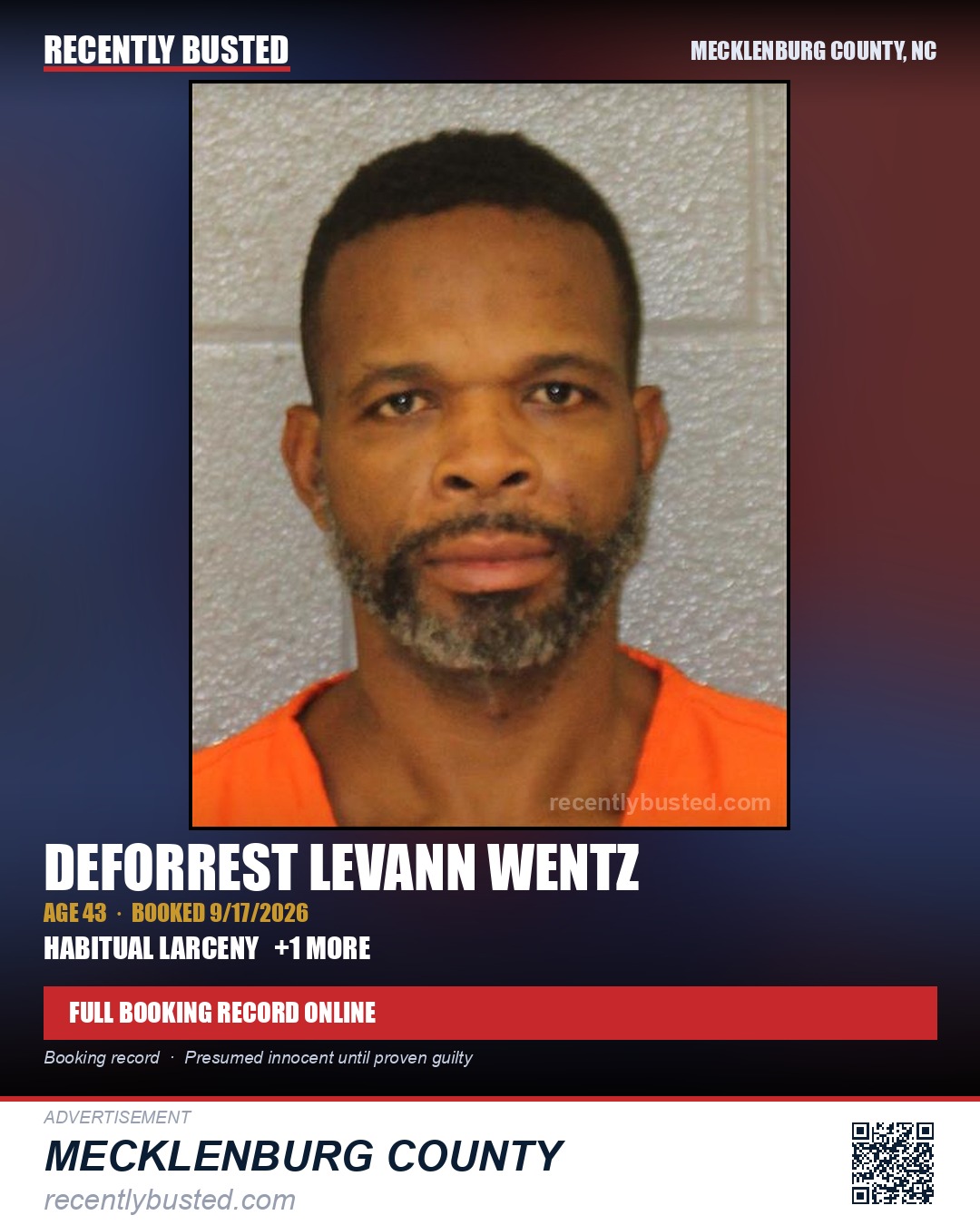 DEFORREST LEVANN WENTZ — arrest record card, Mecklenburg County, North Carolina