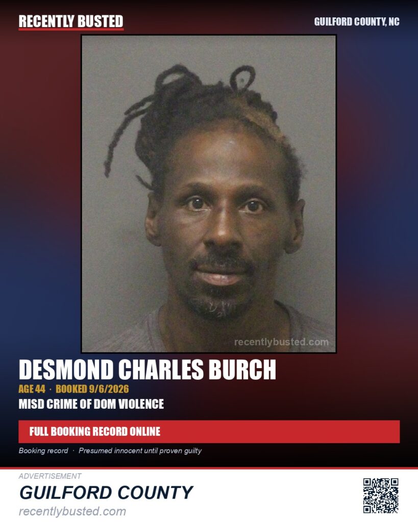 DESMOND CHARLES BURCH — arrest record card, Guilford County, North Carolina
