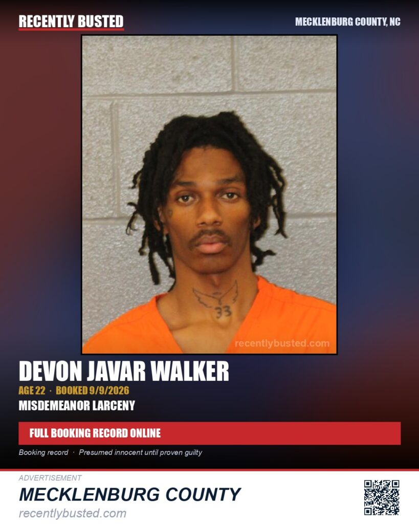 DEVON JAVAR WALKER — arrest record card, Mecklenburg County, North Carolina