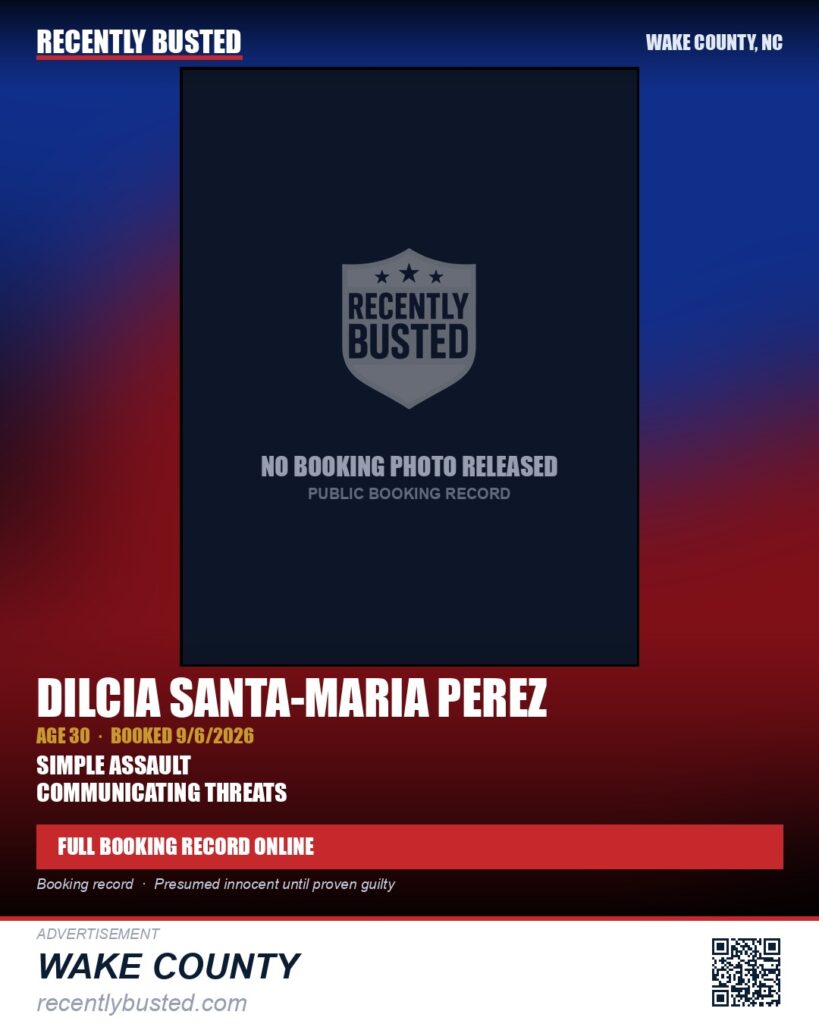 DILCIA SANTA-MARIA PEREZ — arrest record card, Wake County, North Carolina