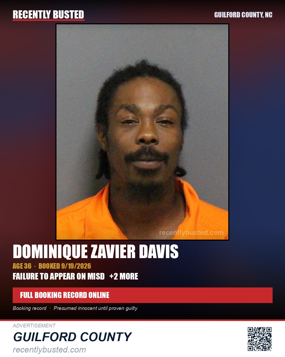 DOMINIQUE ZAVIER DAVIS — arrest record card, Guilford County, North Carolina