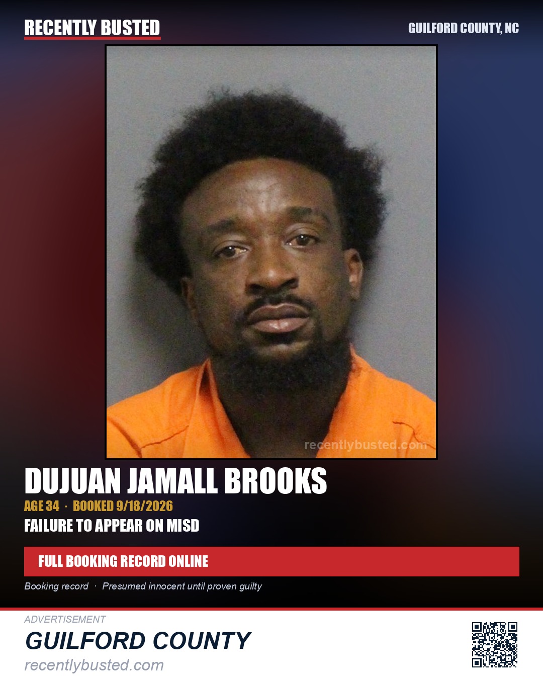 DUJUAN JAMALL BROOKS — arrest record card, Guilford County, North Carolina