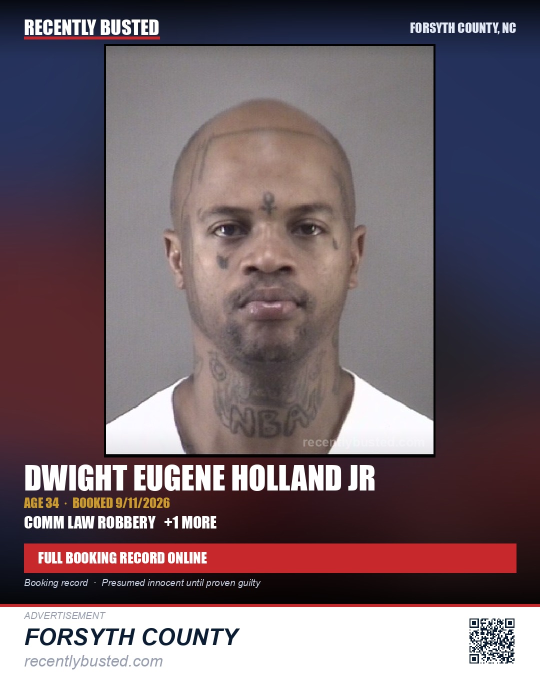 DWIGHT EUGENE HOLLAND JR — arrest record card, Forsyth County, North Carolina