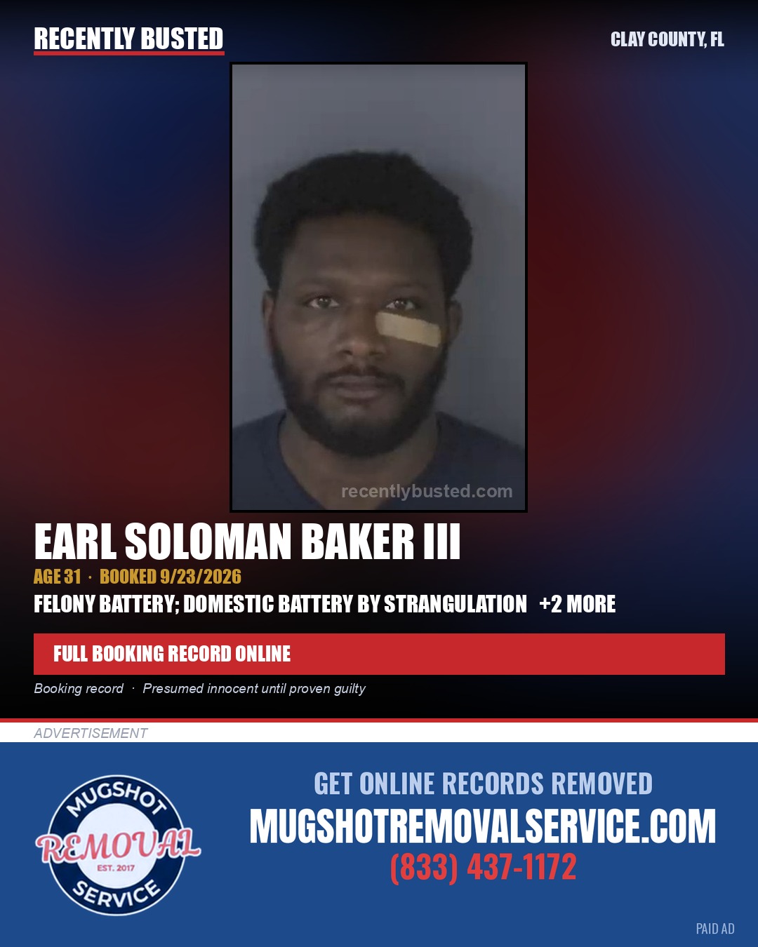 EARL SOLOMAN BAKER III — arrest record card, Clay County, Florida