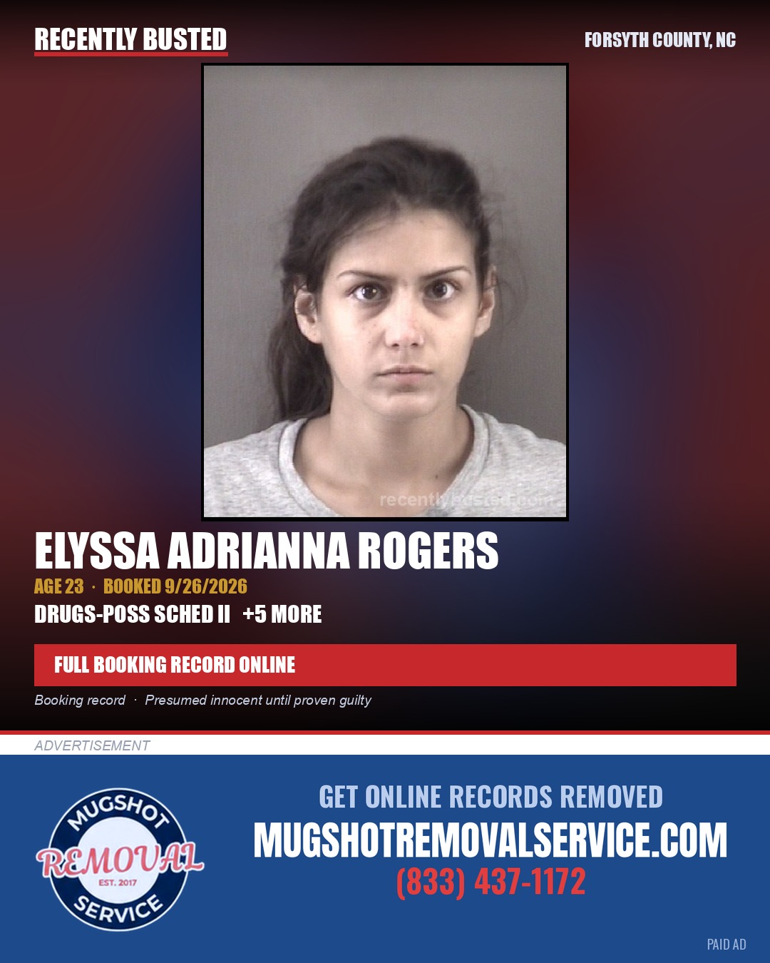 ELYSSA ADRIANNA ROGERS — arrest record card, Forsyth County, North Carolina