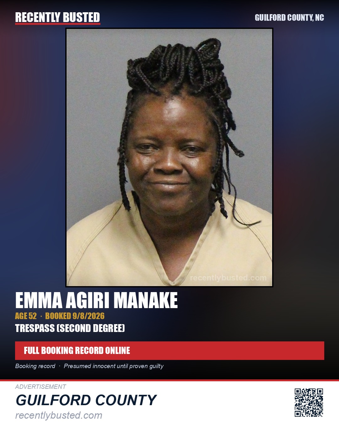 EMMA AGIRI MANAKE — arrest record card, Guilford County, North Carolina