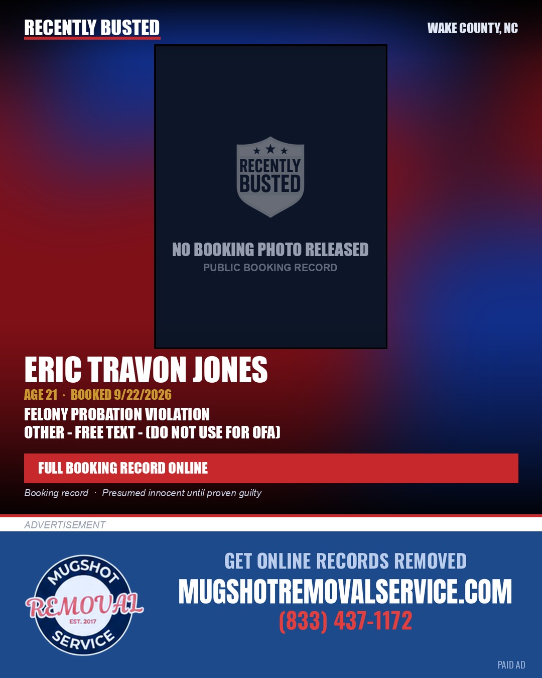 ERIC TRAVON JONES — arrest record card, Wake County, North Carolina