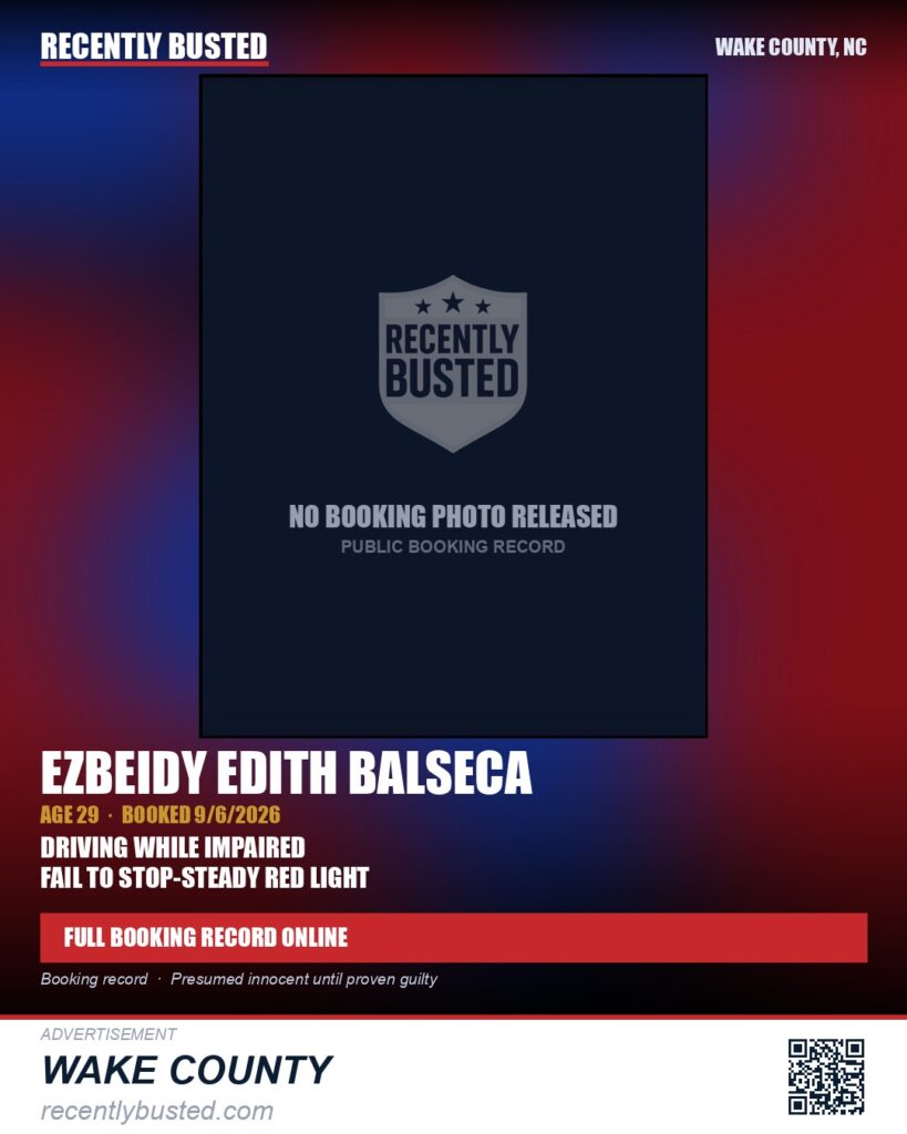 EZBEIDY EDITH BALSECA — arrest record card, Wake County, North Carolina