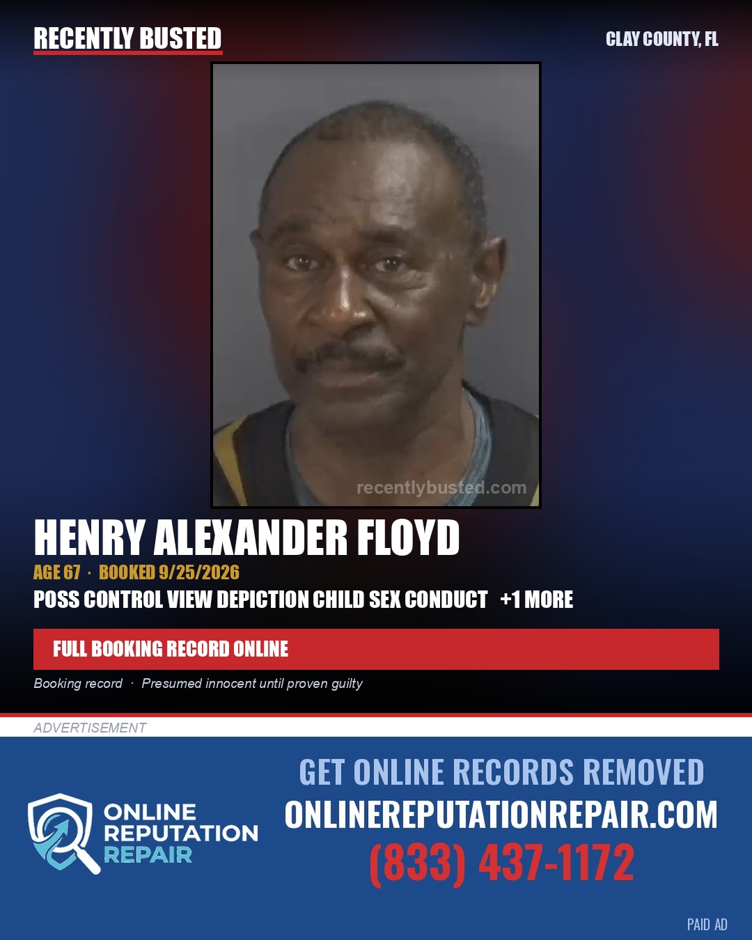 HENRY ALEXANDER FLOYD — arrest record card, Clay County, Florida