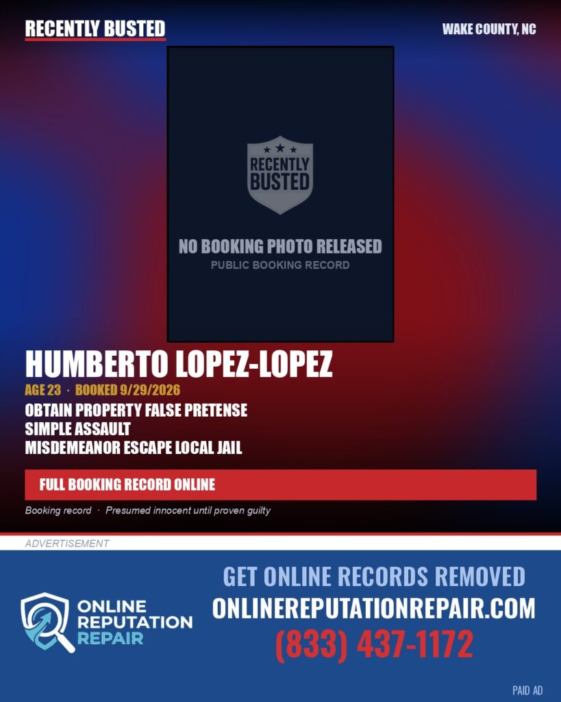HUMBERTO LOPEZ-LOPEZ — arrest record card, Wake County, North Carolina