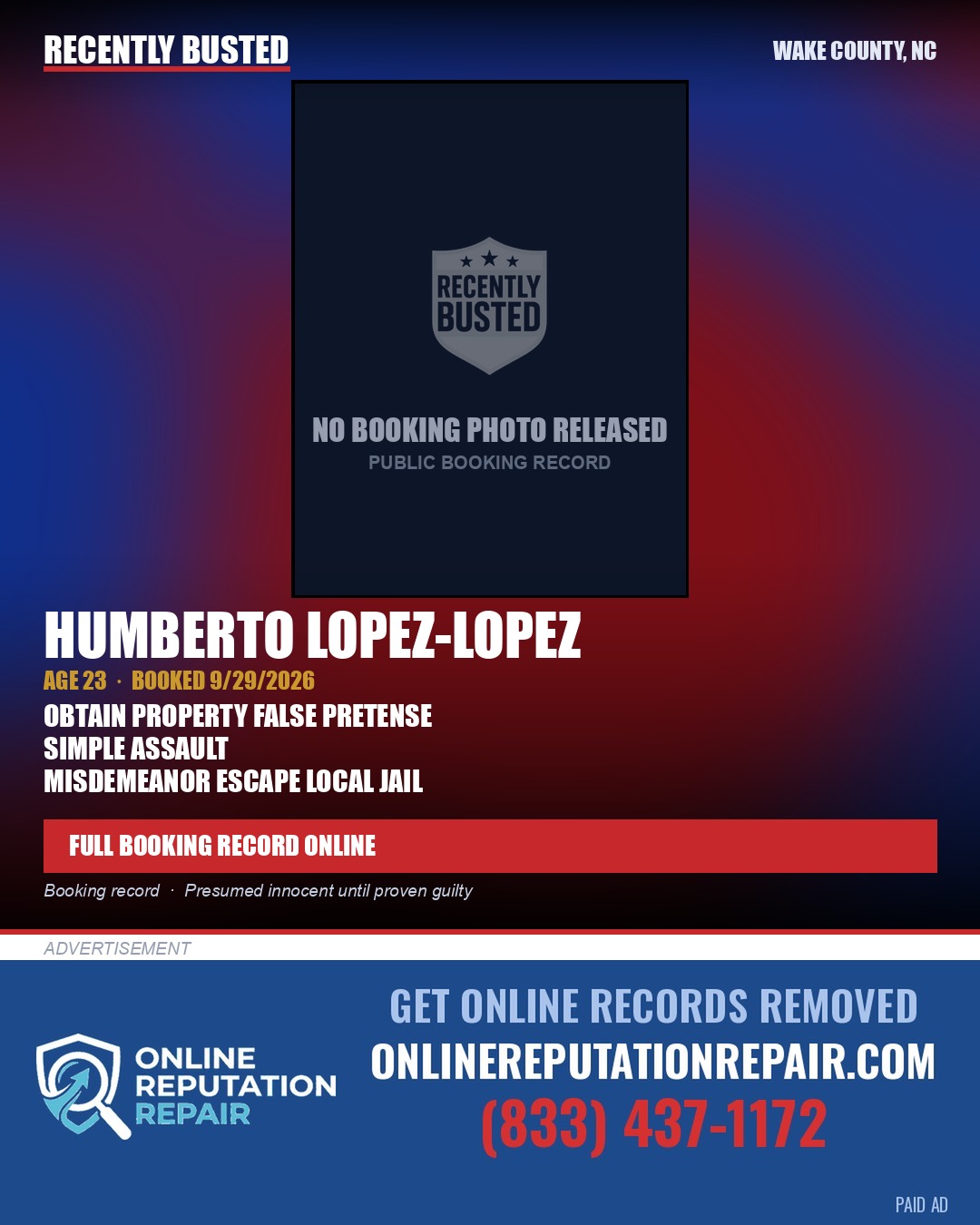 HUMBERTO LOPEZ-LOPEZ — arrest record card, Wake County, North Carolina