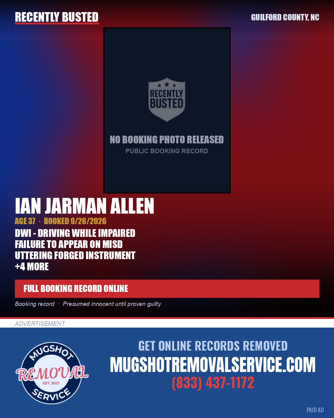 IAN JARMAN ALLEN — arrest record card, Guilford County, North Carolina