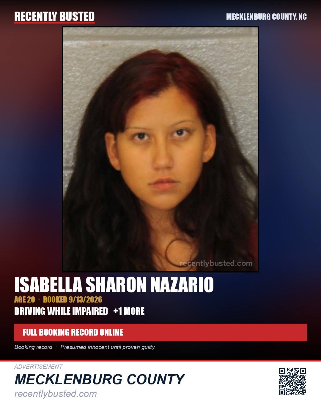 ISABELLA SHARON NAZARIO — arrest record card, Mecklenburg County, North Carolina