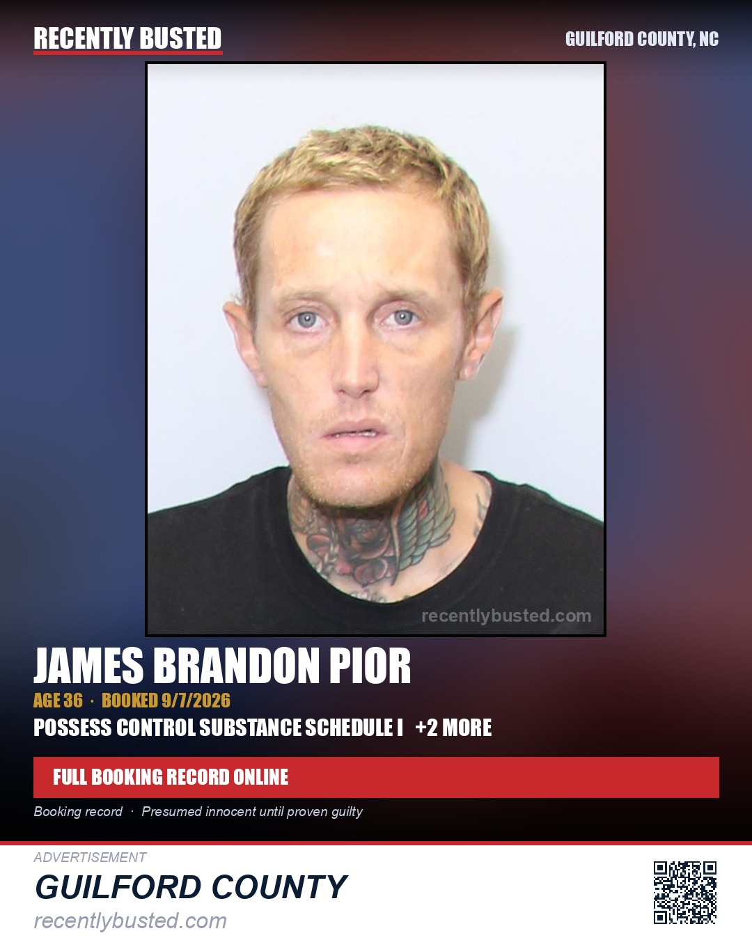 JAMES BRANDON PIOR — arrest record card, Guilford County, North Carolina