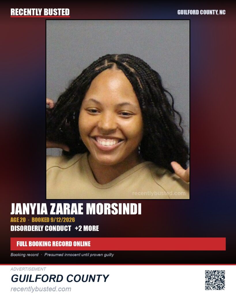 JANYIA ZARAE MORSINDI — arrest record card, Guilford County, North Carolina