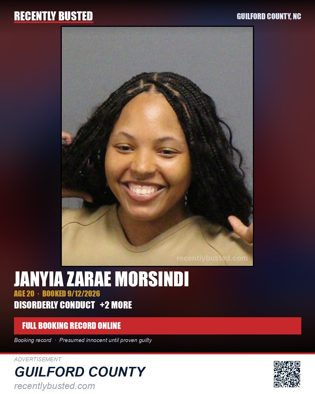 JANYIA ZARAE MORSINDI — arrest record card, Guilford County, North Carolina