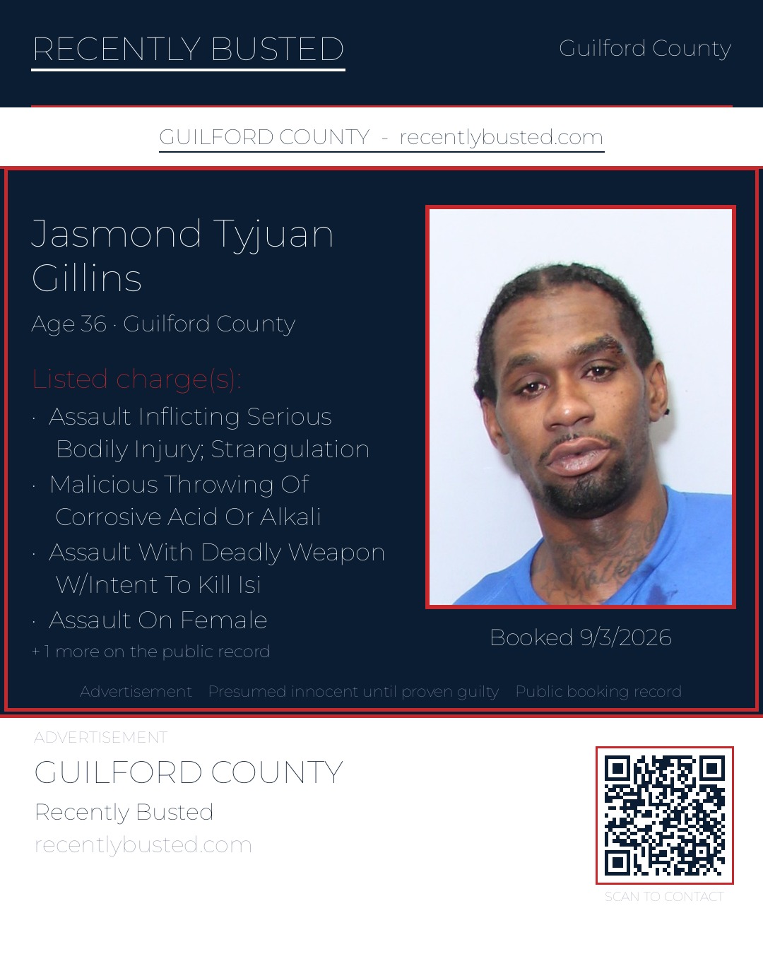 JASMOND TYJUAN GILLINS — arrest record card, Guilford County, North Carolina