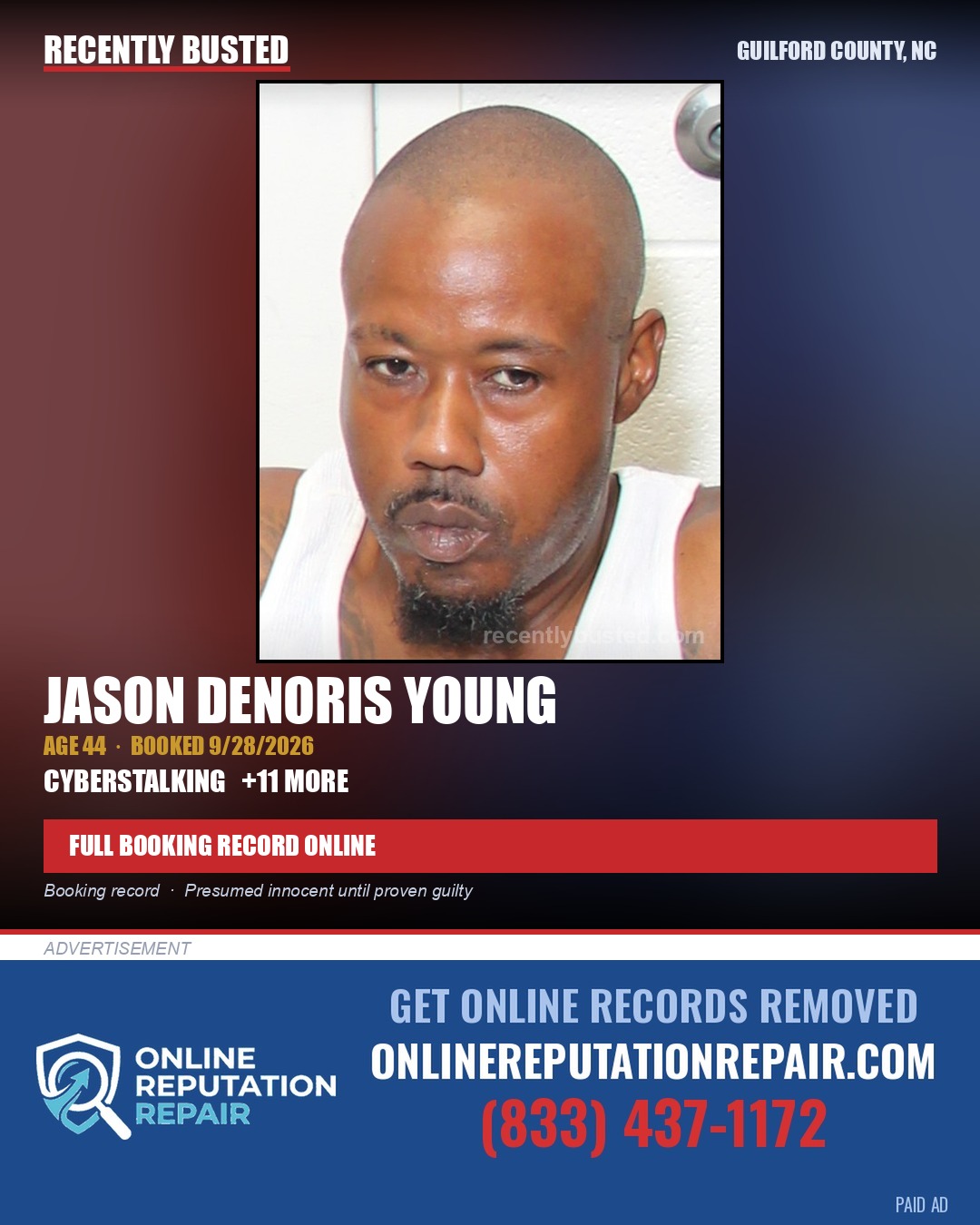 JASON DENORIS YOUNG — arrest record card, Guilford County, North Carolina