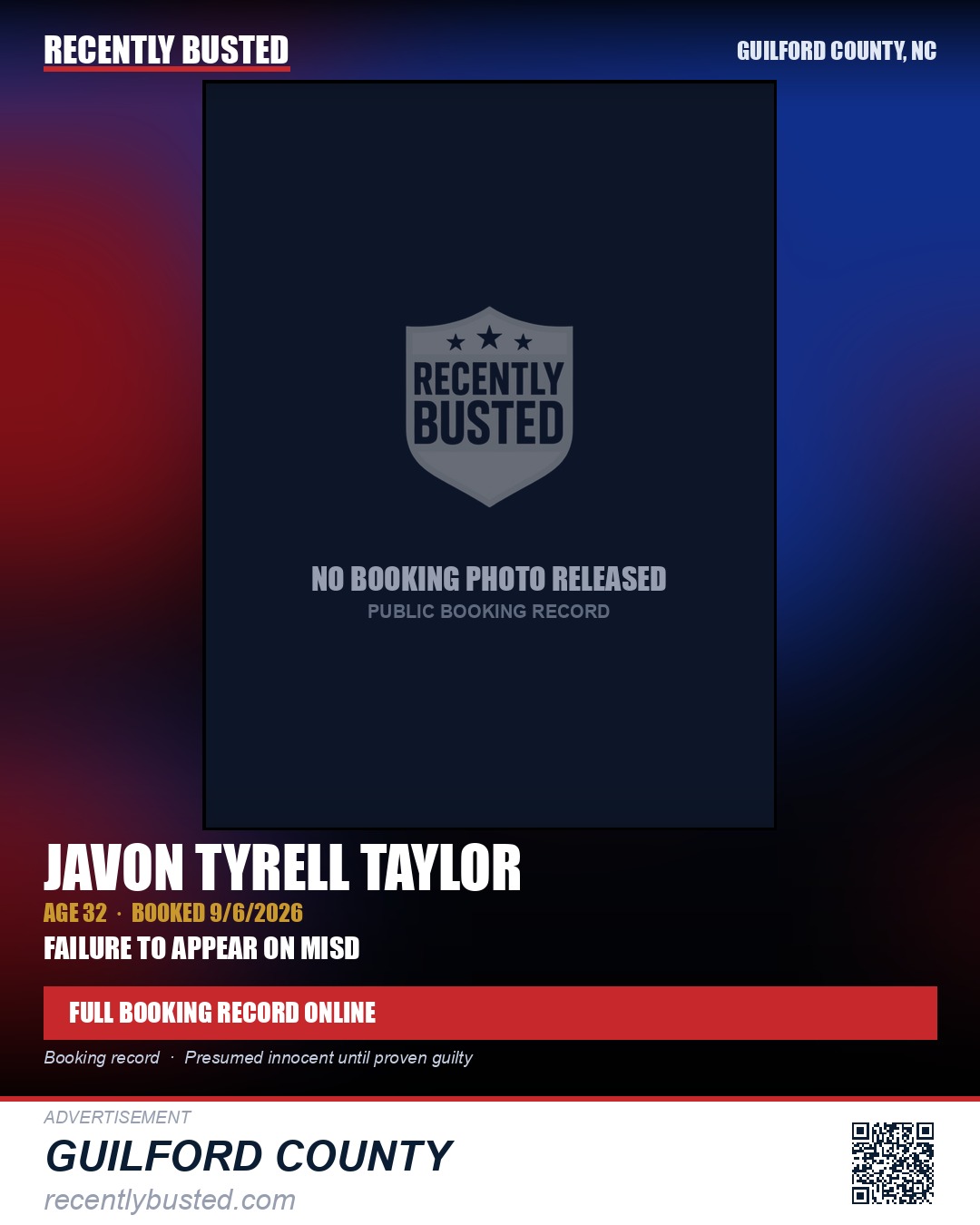 JAVON TYRELL TAYLOR — arrest record card, Guilford County, North Carolina