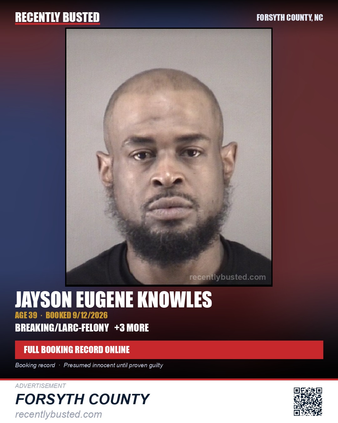 JAYSON EUGENE KNOWLES — arrest record card, Forsyth County, North Carolina