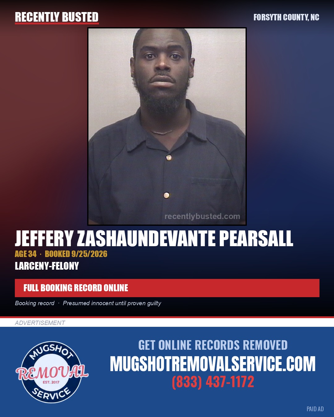JEFFERY ZASHAUNDEVANTE PEARSALL — arrest record card, Forsyth County, North Carolina