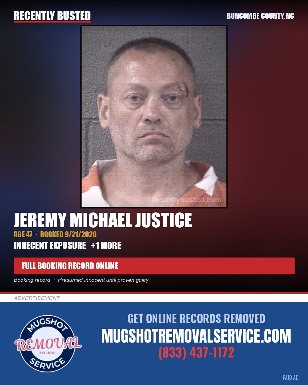 JEREMY MICHAEL JUSTICE — arrest record card, Buncombe County, North Carolina