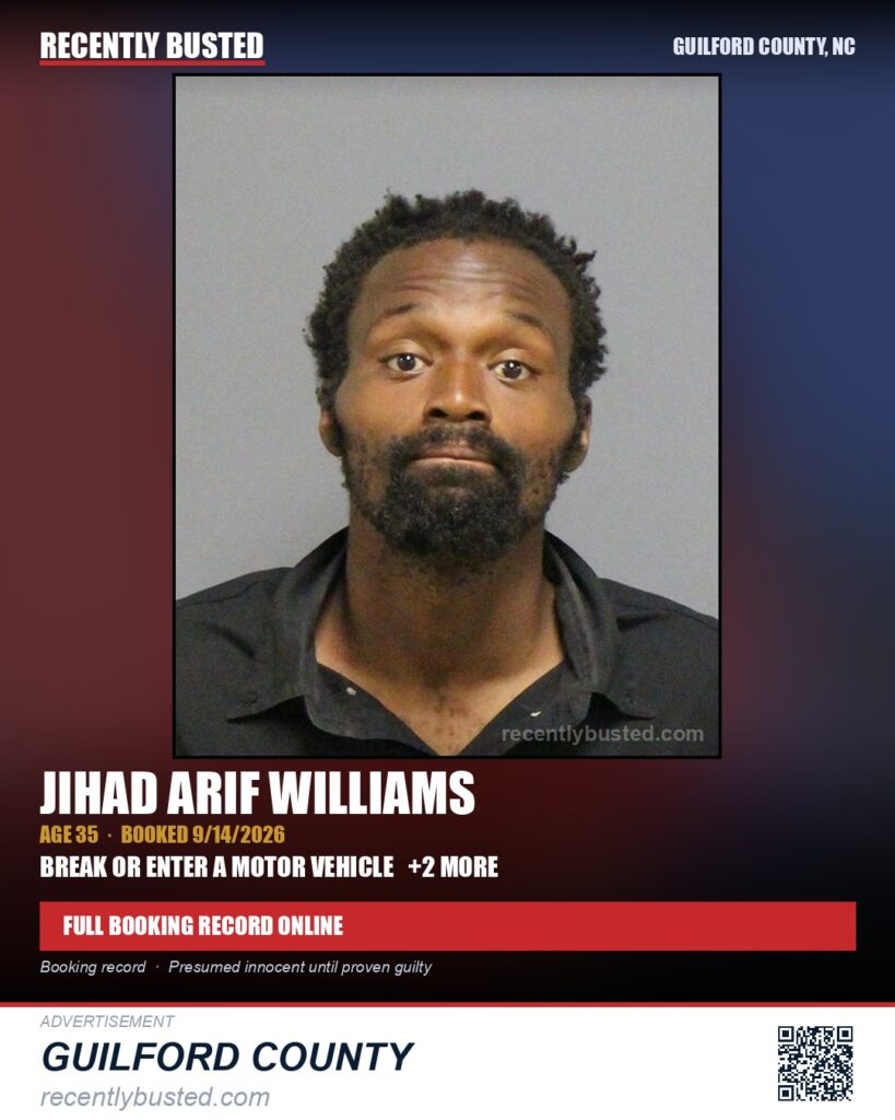 JIHAD ARIF WILLIAMS — arrest record card, Guilford County, North Carolina