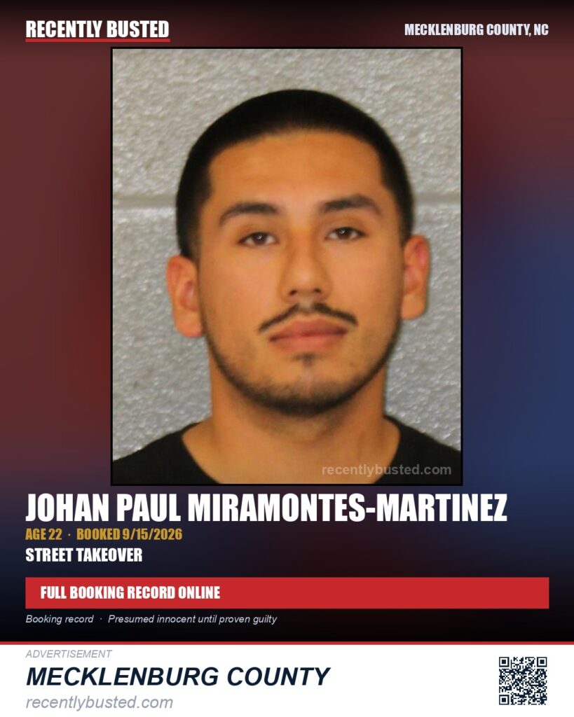 JOHAN PAUL MIRAMONTES-MARTINEZ — arrest record card, Mecklenburg County, North Carolina