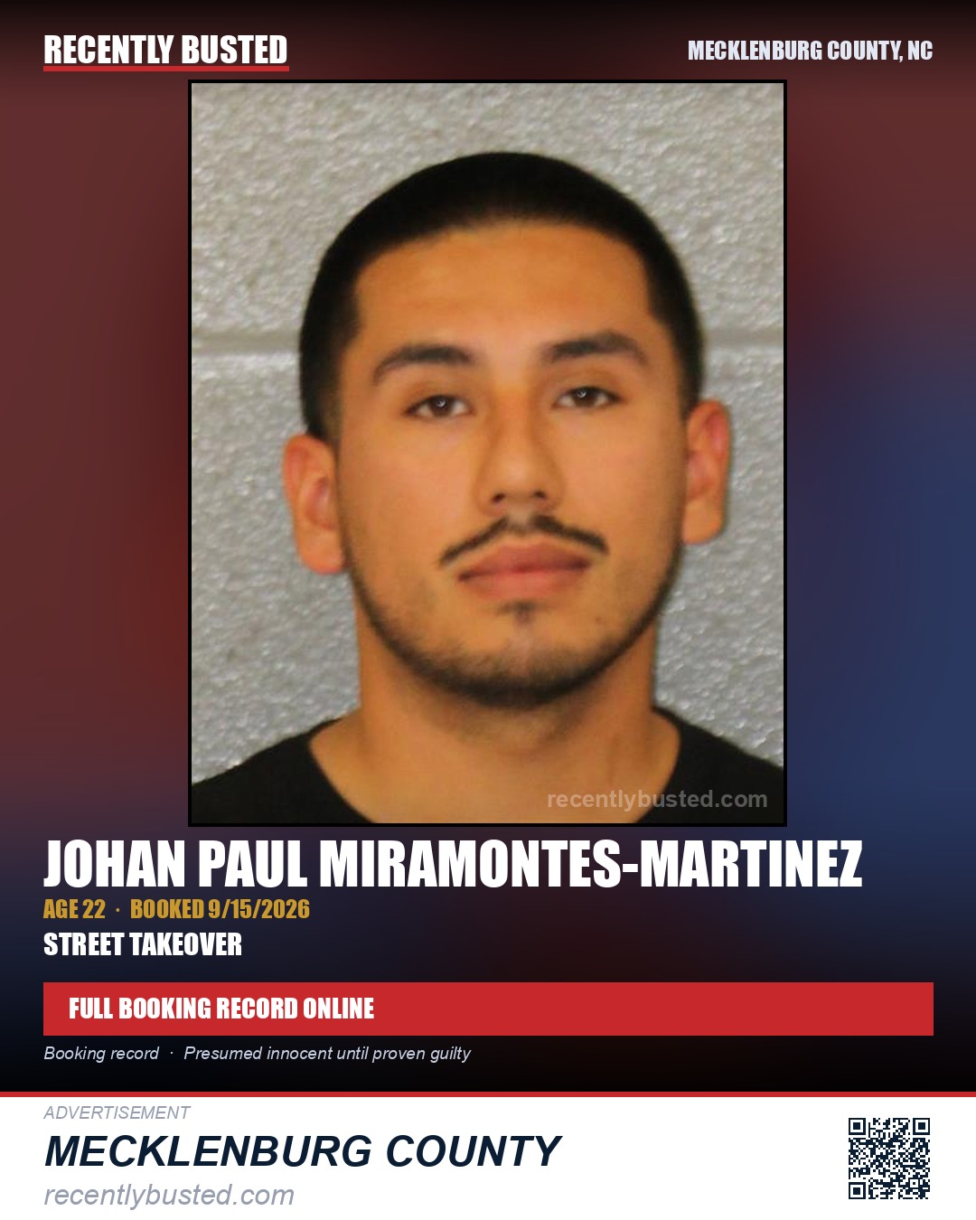 JOHAN PAUL MIRAMONTES-MARTINEZ — arrest record card, Mecklenburg County, North Carolina