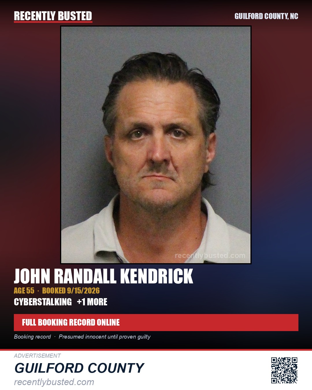 JOHN RANDALL KENDRICK — arrest record card, Guilford County, North Carolina