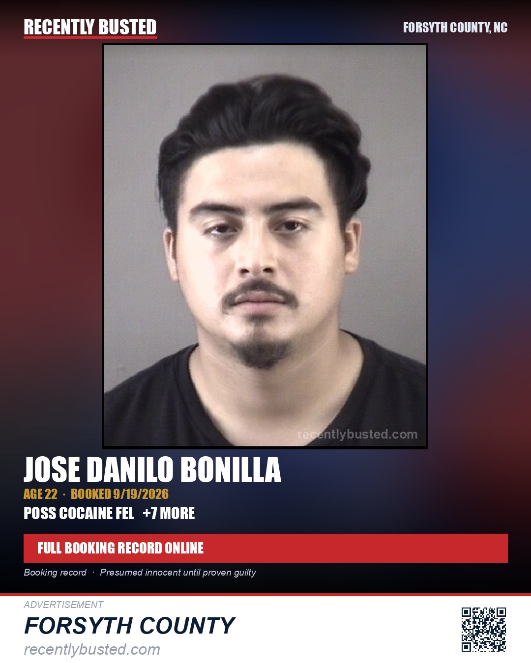 JOSE DANILO BONILLA — arrest record card, Forsyth County, North Carolina