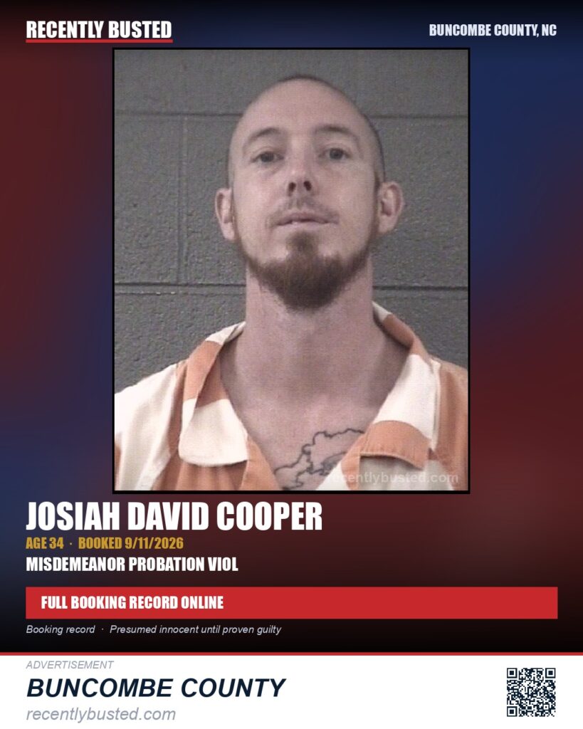 JOSIAH DAVID COOPER — arrest record card, Buncombe County, North Carolina