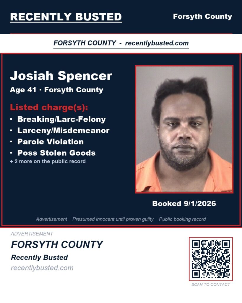 JOSIAH SPENCER — arrest record card, Forsyth County, North Carolina