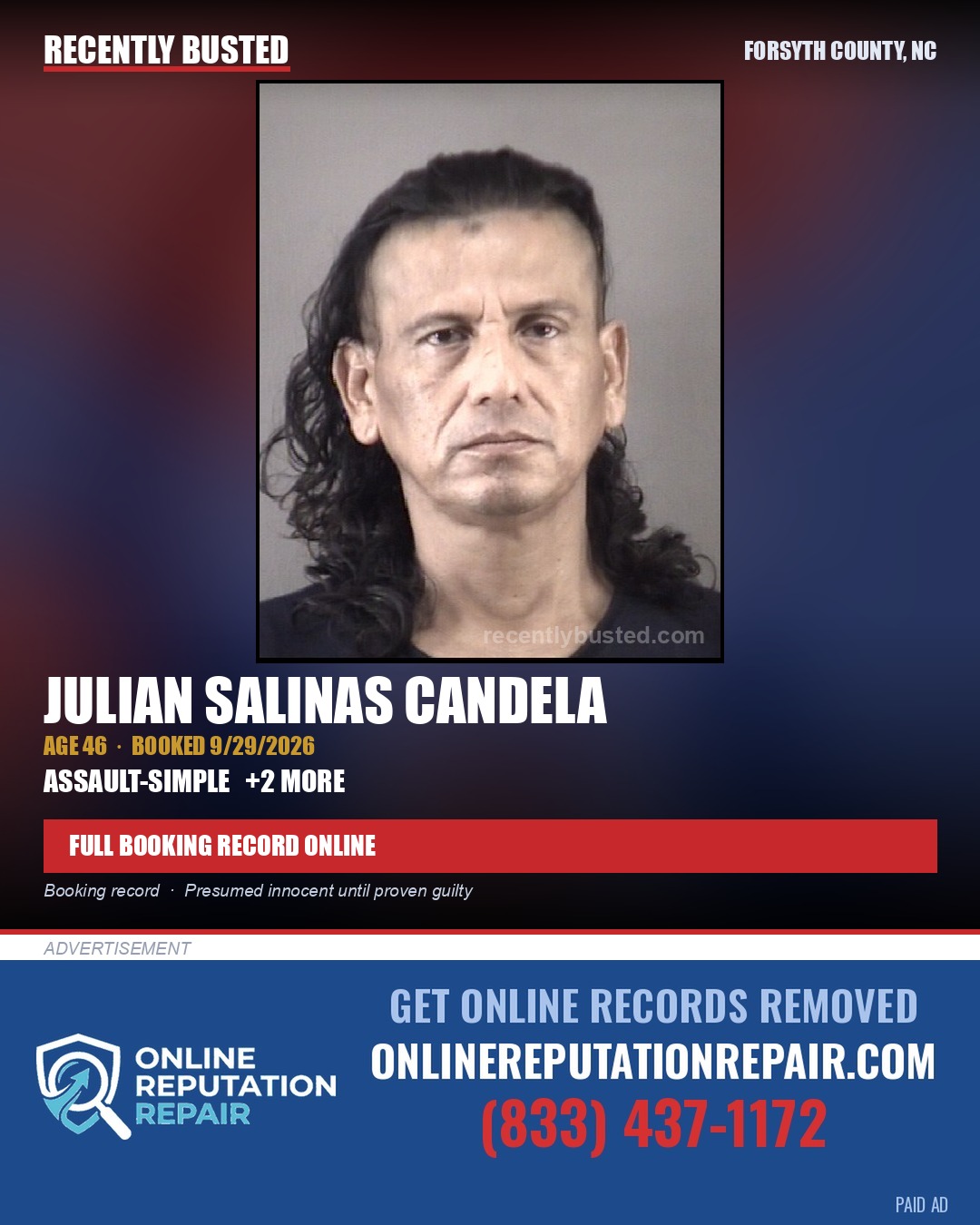 JULIAN SALINAS CANDELA — arrest record card, Forsyth County, North Carolina