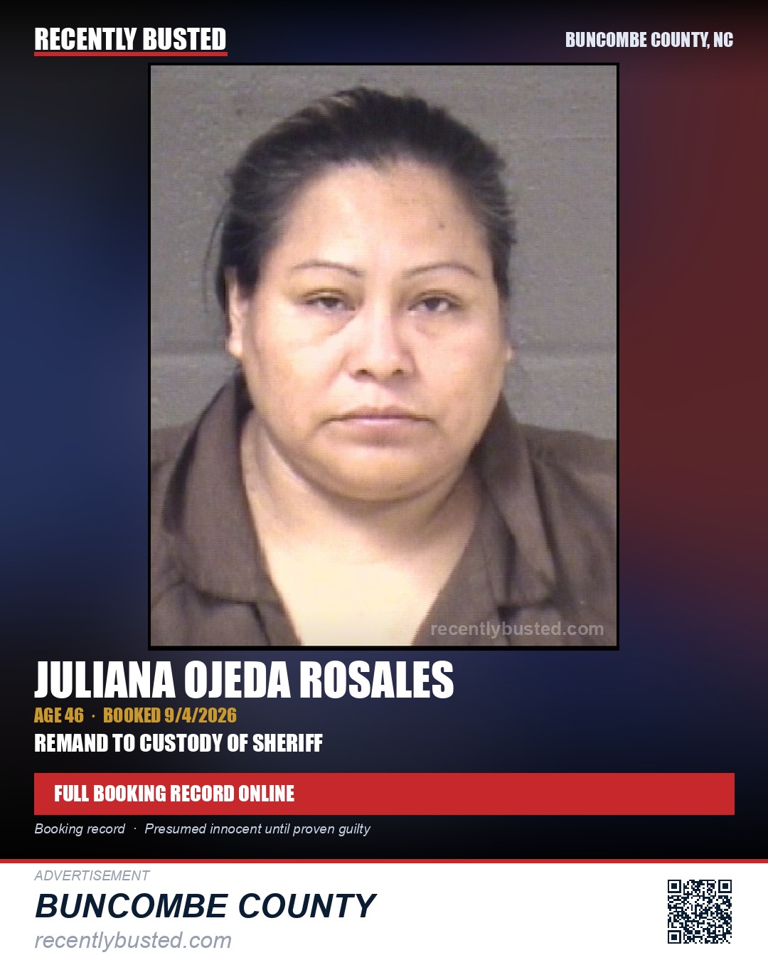 JULIANA OJEDA ROSALES — arrest record card, Buncombe County, North Carolina